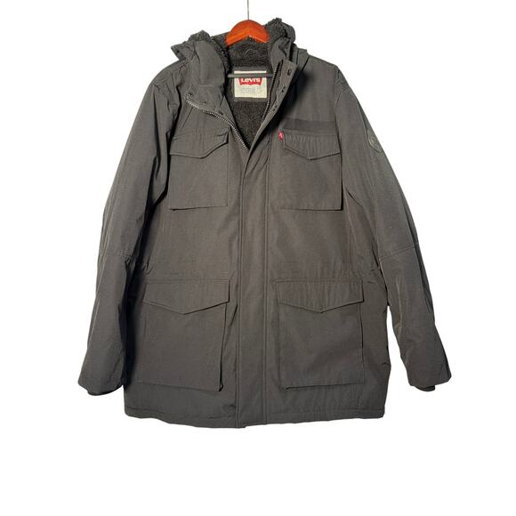 Levis Coat Parka Men XXL Blk Hooded Sherpa Lined Full Zip Snap Work Winter Field - Picture 2 of 8